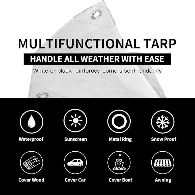 TARPAL 8'x12' White Tarp Waterproof 7.5 mil Medium Duty All Purpose Poly Tarps Cover Waterproof,Snow Proof UV Protection,Rip and Tear Proof,Poly Tarpaulin