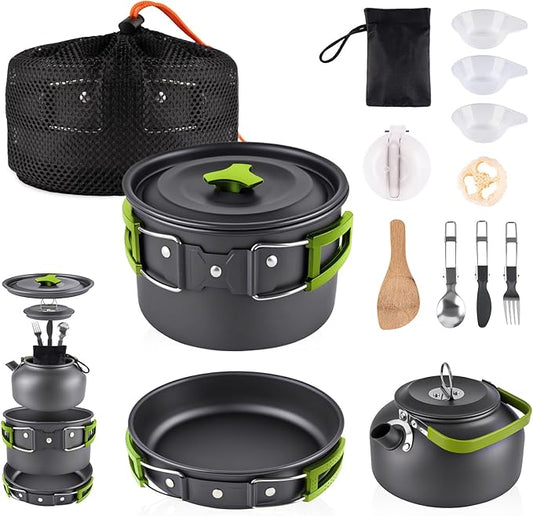 aiGear 3pcs Camping Cookware Mess Kit, Non-Stick Camping Pan Pot Kettle, Lightweight Aluminum, Collapsible Portable Camping Cooking Set for Outdoor Cooking Hiking Picnic