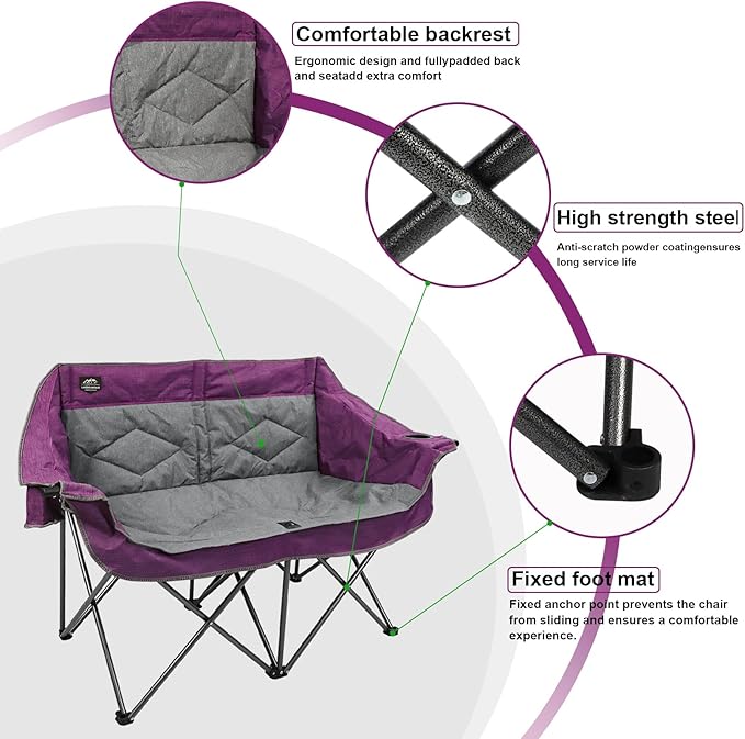 Folding Loveseat Camping Chair,Portable Double Chair w/Cup Holder,Wine Glass Holder,Carry Bag Heavy Duty Lawn Chair for 2 Adults,Perfect for Camp,Hiking,Picnics and Beach Trips,Purple