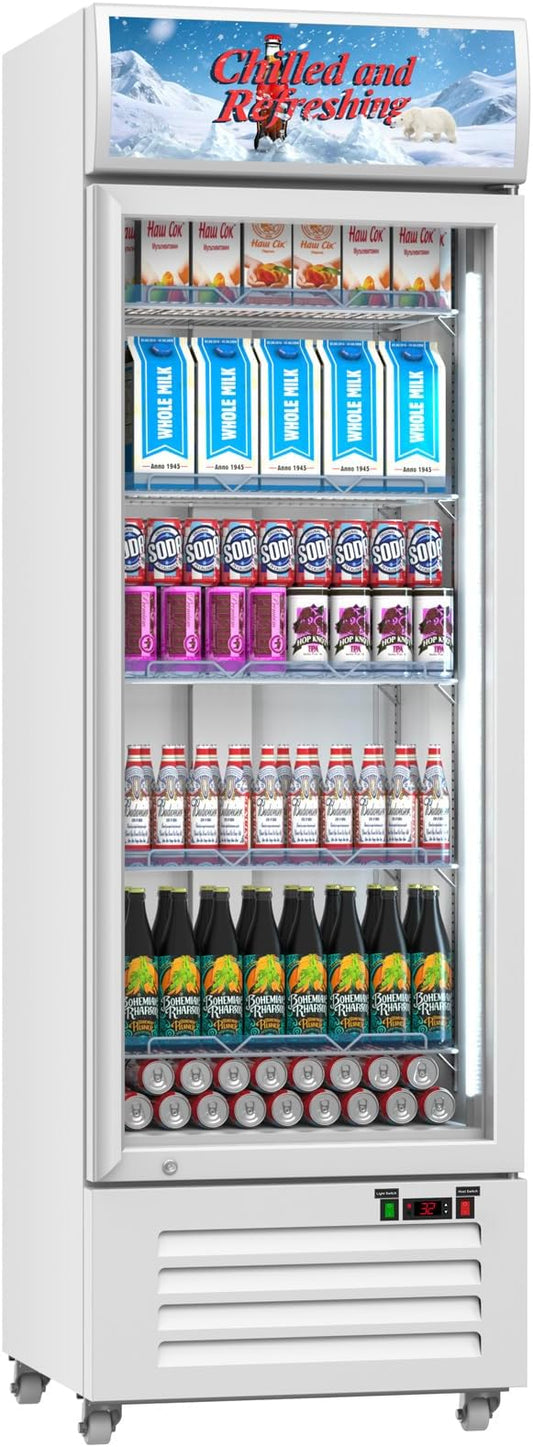 Commercial Beverage Refrigerator with Glass Door, 383L Display Fridge Beverage Cooler with Customizable Lightbox Adjustable Shelves, Drink Fridge Merchandiser for Restaurant Shop, White