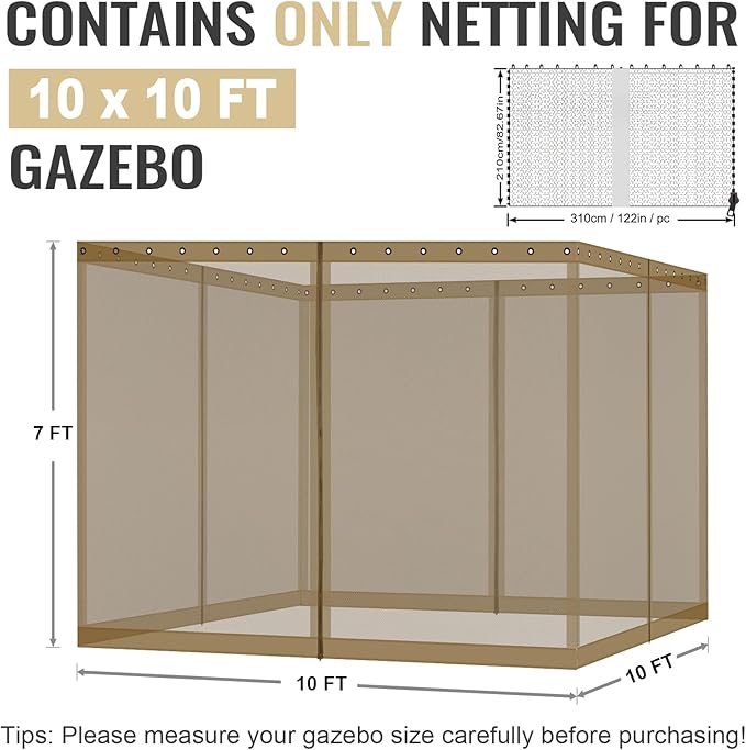 COWVIE Gazebo Replacement Netting Screen, 10' x 10' Universal Gazebo 4-Panel Mosquito Sidewalls with Double Zippers for Outdoor Patio (Only Netting)