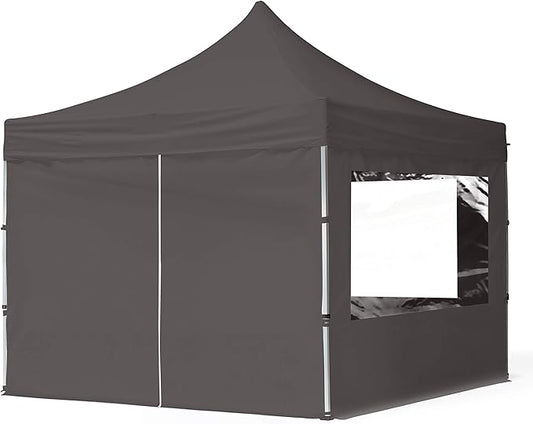 10x10 ft PES 700 Pop up Canopy Tent Economy Aluminium 1.3 in., incl. 4 Sidewalls with Panorama Windows, Dark Gray