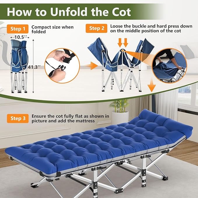 Slendor Folding Camping Cot, Sleeping Cot for Adults with Carry Bag, Mattress, 1200D Layer Oxford Portable Camp Cot Bed for Guest Travel Office Beach