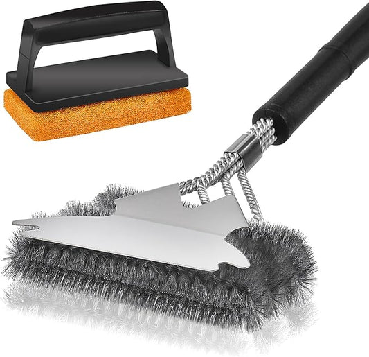 Professional Grill Brush and Scraper Kit - Heavy Duty BBQ Grill Brush with Stainless Steel Scrubber, Outdoor Grill Cleaning Brush Tools for Home, Restaurant & Commercial Use