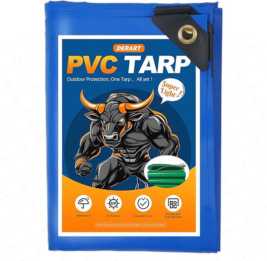 10 MIL Heavy Duty PVC Tarp - Waterproof, Ripproof & UV Resistant Blue Cover for Truck, Boat, Camping, Outdoor Use (6'x8')