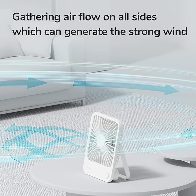 JISULIFE Small Desk Fan Battery Operated, 180° Foldable Portable Fan, 4 Speeds Adjustable Ultra Quiet for Home Office Travel Outdoor-White