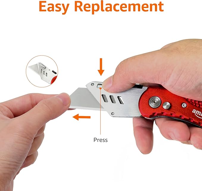 Amazon Basics Folding Utility Knife, Lightweight Aluminum Body, Red