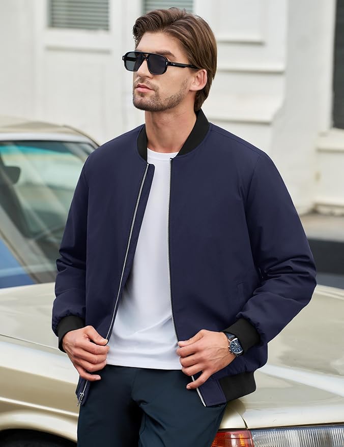 Cotrasen Men's Bomber Jacket Full Zip Windbreaker Warm Winter Windproof Casual Outwear Padded Lined Coats