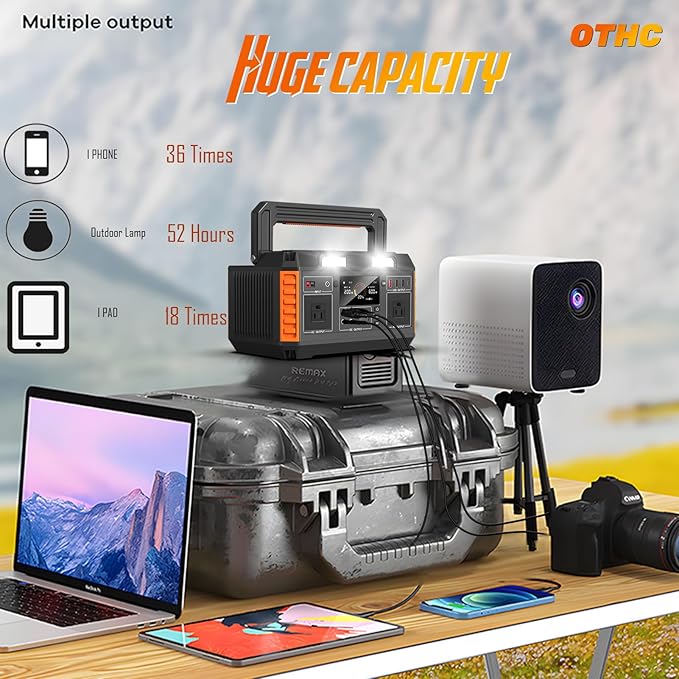 Portable Power Station 600W Output（1000W peak） 520Wh Capacity, fast charging, 4-Way Charging, Wireless Phone Charging, BMS Battery management system.