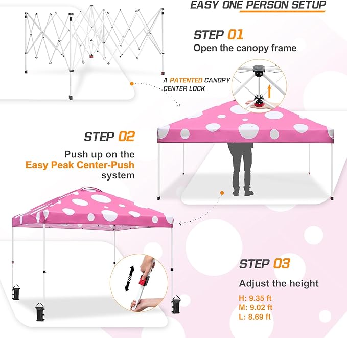 EAGLE PEAK Pop Up Canopy Tent with Wheeled Carry Bag, 8 Stakes, 4 Ropes, 4 Weight Bags, Easy Set Up Tent Canopy, 10x10 ft, 100sqft of Shade, Pink Mushroom