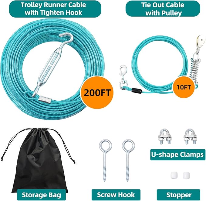 200FT Dog Runner for Yard with 10FT Tie Out Cable - Heavy Duty Trolley System for Large Dogs Up to 250LBS, Backyard/Park/Camping Use (Ice Blue, 200FT+10FT)