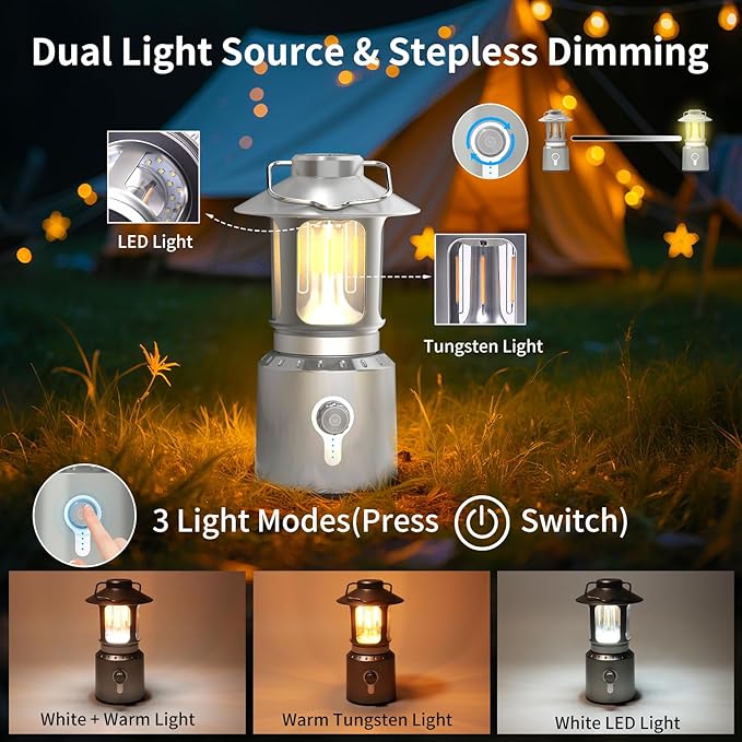 Rechargeable Camping Lantern 8000mAh, Telescoping Lighting Camping Light, 3 Light Modes Hanging Vintage Lantern, Portable Waterproof Tent Light for Hiking, Power Outages, Emergency (Silver)