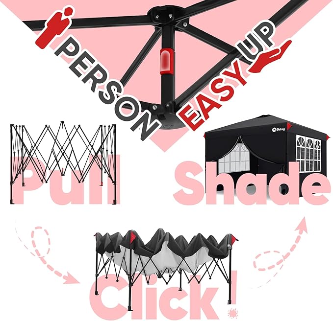Sekey 10x10 Pop Up Canopy with 4 Sidewalls, One Push Setup Instant Outdoor Gazebo, Instant Easy Up Canopy with UPF50+ Top, 4 Weight Bags for Events, Beach, Patio, Camping