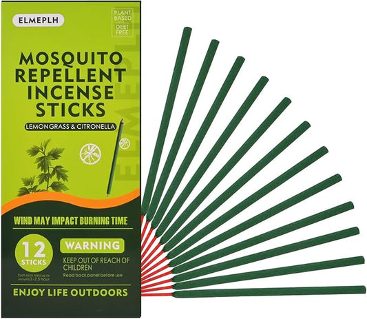 Mosquito Repellent Incense Sticks Outdoor Patio 12 PCS - DEET Free - Lemongrass Oil - Natural Citronella Incense Sticks for Camping, Patio, Hiking,etc
