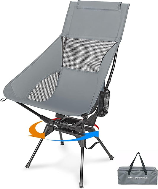 Swivel Camping Chair, High Back Folding Chair with Head Support, Side Cup Pocket, Stable Portable Outdoor Chair for Camp, Travel, Beach, Party, Fishing, Hiking, Backpacking, Black Red