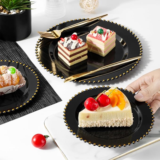 EI 60pcs Black Plastic Plates,Black and Gold Plastic Plates Disposable,Fancy Heavy Duty Plate for Party,Birthday,Anniversary,Christmas,New Year