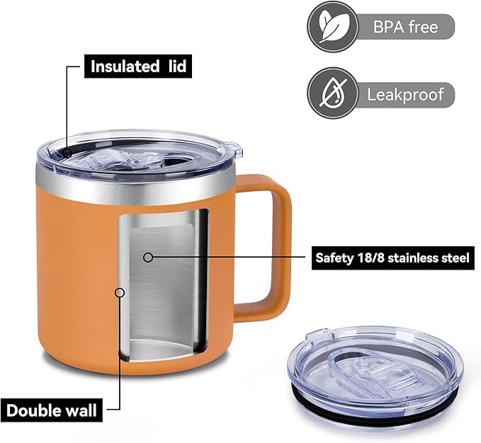 VEGOND 14 oz Insulated Coffee Mug Bulk with Handle, Stainless Steel Travel Coffee Mug with Lid, Double Wall Vacuum Metal Coffee Cup, Coffee Tumbler Powder Coated, Orange 4 Pack