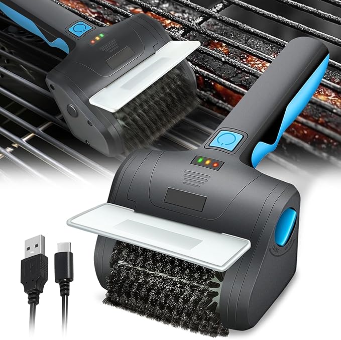Auto Dynasty Cordless Electric Grill Brush, Rechargeable Grill Cleaning Scrub Brush with Rotating Cleaner Brush Head and Type-C Charging Cable for Outdoor Grill, Blue/Black