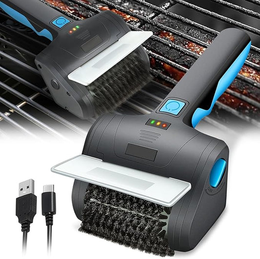 Auto Dynasty Cordless Electric Grill Brush, Rechargeable Grill Cleaning Scrub Brush with Rotating Cleaner Brush Head and Type-C Charging Cable for Outdoor Grill, Blue/Black