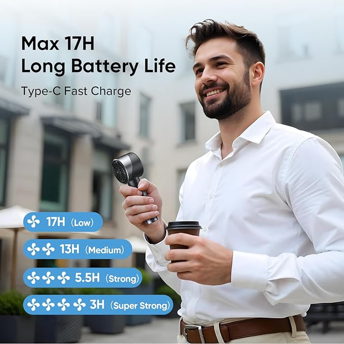 AMACOOL Portable Handheld Turbo Fan, 17Hrs Runtime, 4 Speeds Wind, Cool Metal Body, Rechargeable Battery Personal Fan, Mini Pocket Fans for Girl Woman Man Travel Makeup Camping Outdoor-Black Grey