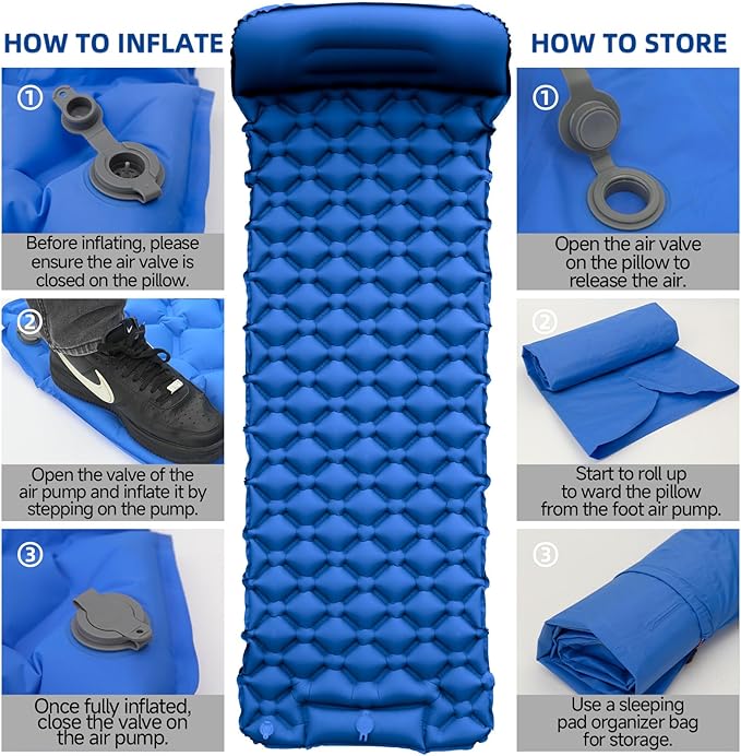 Inflatable Sleeping Pad with Pillow for Camping-Built in Foot Pump Fast Inflation-Ultralight Upgraded Durable Compact Sleeping Mat Moisture Proof Air Mattress for Backpacking,Hiking,Travel,Tent