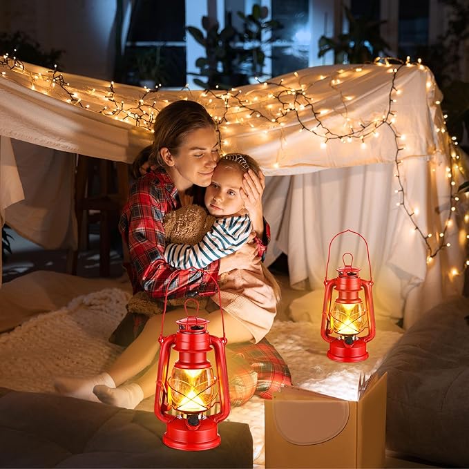 4 Pcs LED Vintage Lanterns Battery Operated Warm White Old Hurricane Lantern Antique Metal Hanging LED Lamp with Dimmer Switch for Indoor Table Outdoor Christmas Halloween(Red)