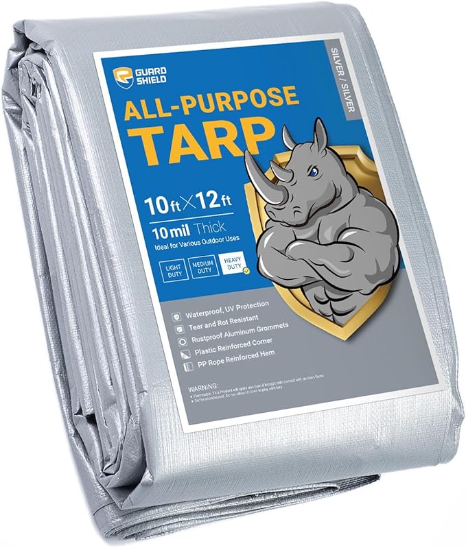 GUARD SHIELD Heavy Duty Tarp 10x12 Feet Silver Multi Purpose Thick Waterproof Poly Tarp Cover 10mil