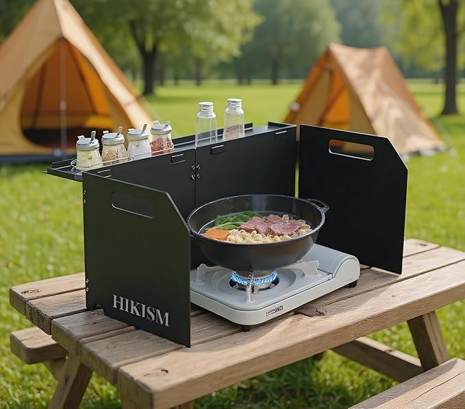 Camping Stove Windscreen, Lightweight Foldable Outdoor Wind Blocker Gas Stove Windshield Wind Screen with Extend Platform for Camping Stove, Glamping, Black