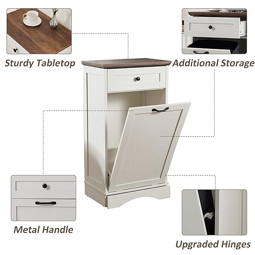 13 Gallons Tilt Out Trash Cabinet Freestanding Kitchen Trash Bin Cabinet Wood Garbage Recycling Cabinet with Hideaway Drawer Pet Proof Trash Can Holder for Kitchen Living Room, Antique White