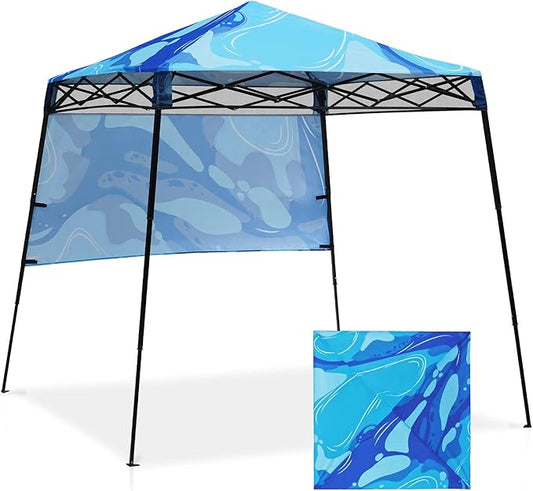 EAGLE PEAK 8x8 Pop Up Canopy Tent with Sidewall, Compact, Portable Slant Leg Instant Sun Shelter for Beach, Sports, & Camping, 8x8 Base 6x6 Top, Blue Abstract