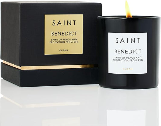 SAINT Benedict Scented Candle with Prayer and Prayer Coin, Saint of Peace and Protection from Evil, Soy Coconut Aromatherapy Candle with 50 Hour Burn Time