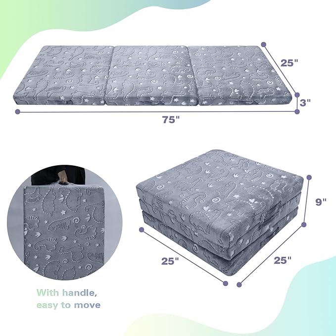 MeMoreCool Glow Dinosaur Foldable Floor Mattress for Kids, Trifold Nap Mat for Toddlers, Portable Daycare Sleeping Futon or Floor Bed, 75x25 Inch