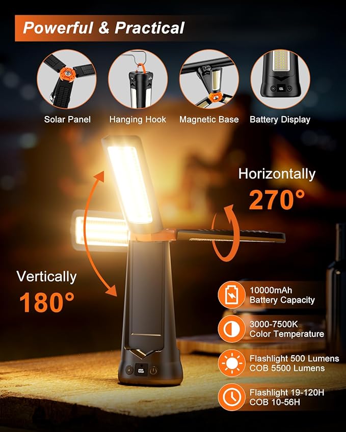 Camping Light with Stand 85.9" Rechargeable Cordless 5500 High Lumens LED Work Light, 10000mAh Solar Magnetic Waterproof Emergency, Dimmable Camping Essentials Gear with Detachable Tripod