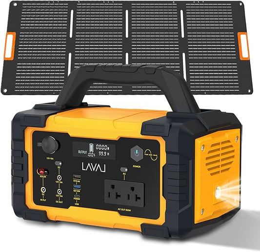 600W Solar Generator Portable Power Station with Solar Panel Included, 642Wh Lithium Battery Powered Generator with 120V AC Outlet for RV Camping Outdoor Hiking Home Emergency Backup Power Outages