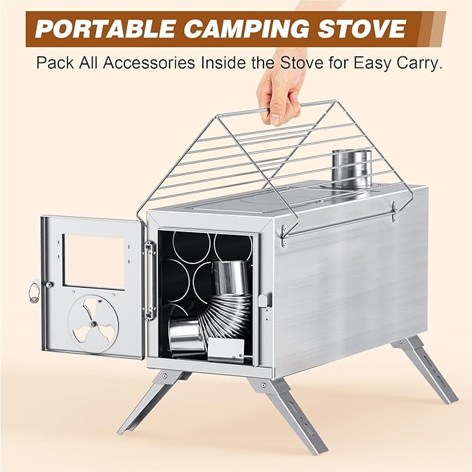 Hot Tent Stove, Camping Wood Stove for Tent, Portable Stainless Steel Wood Burning Stove with 7 Chimney Pipes for Wall Tent Camping, Cooking, Ice Fishing, Hunting, Boiling Water - Medium