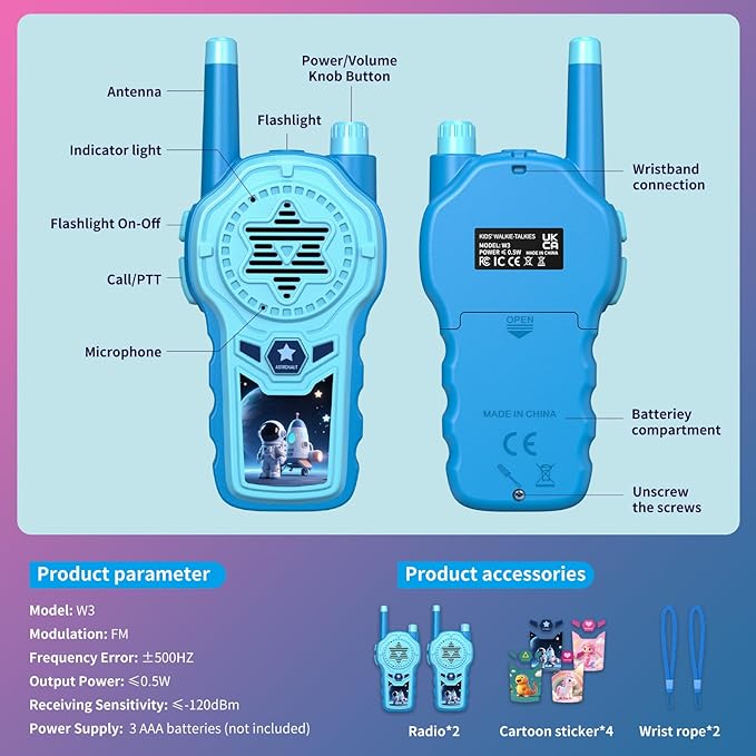 Kids Walkie Talkies 2 Pack, Built-in Flashlight 2200M Boy's Walkie Talkies for Camping Hiking Indoor Outdoor Adventures Birthday Gift (Blue)