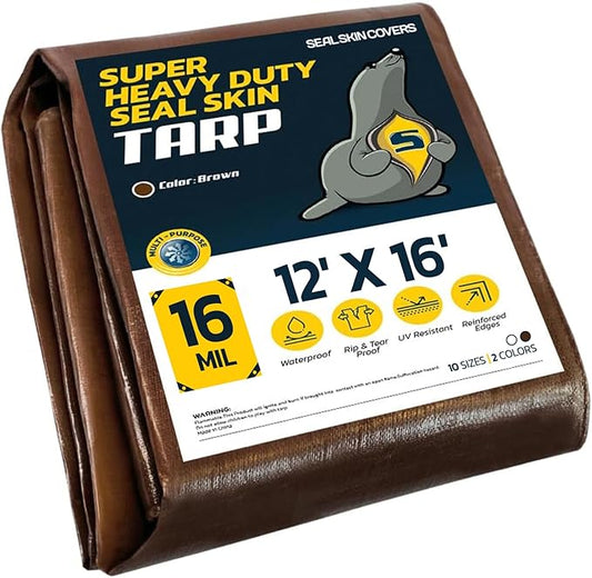 Seal Skin Covers Heavy Duty Waterproof Tarp 12x16 FT, 16 Mil Thick Brown Poly Tarp with Rustproof Grommets, UV Resistant, Tear-Proof Cover with Reinforced Edges for Outdoor, Camping, Pool, Canopy Use
