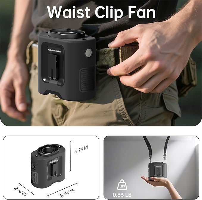 PANERGY Portable Waist Fan, 67H Runtime Wearable Fan with 4+1 Speeds, Storm Mode, 14500mAh Rechargeable Belt Fan with Dual Clip, Flashlight for Outdoor Jobsite(Black)