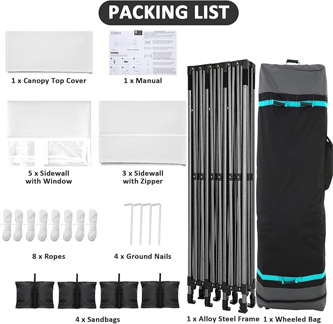 COBIZI 10x30 Pop Up Canopy with 8 Sidewall,Heavy Duty Canopy UPF 50+ All Season Wind Waterproof Commercial Outdoor Wedding Party Tents for Parties Canopy Gazebo with Roller Bag(10 x 30 ft White)