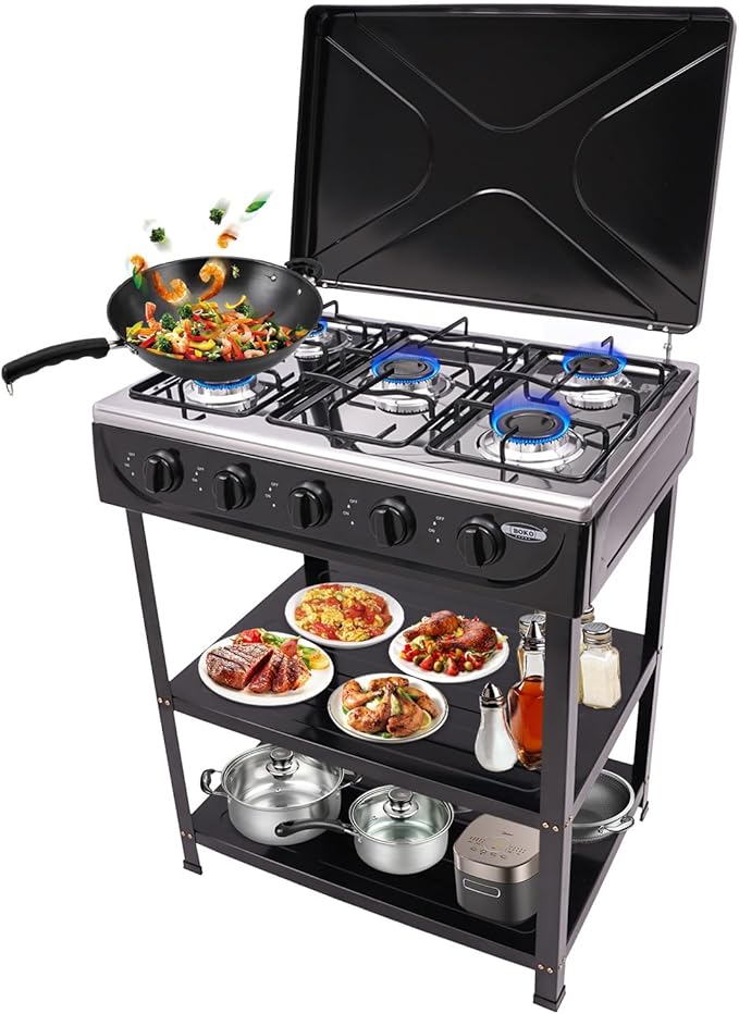 Natural Gas 5-Burner Outdoor Stove, Portable with Windshield, 2 Placement Boards, Ideal for Camping, Fishing, RV Travel