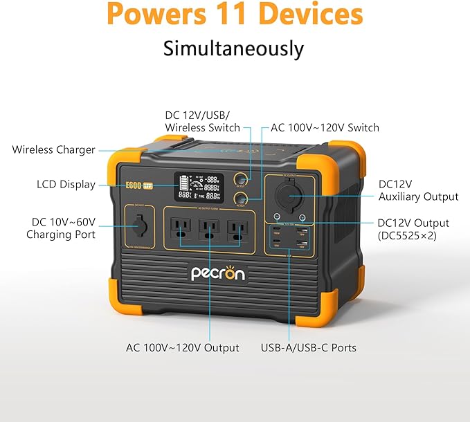 pecron Portable Power Station 614Wh E600LFP with 200W Solar panel Solar Generator with 3X1200W AC Outlets 100W USB-C PD Output LiFePO4 Battery Backup for Outdoor Camping Emergency