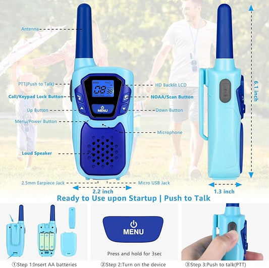 Kids Walkie Talkies 2 Pack NOAA Walkie-Talkies for Adults Rechargeable Long Range 2 Way Radios 4 Miles for Family Camping Hiking Skiing Cruise Ship, Toys for 3-12+ Year Old Girls Boys Toddlers