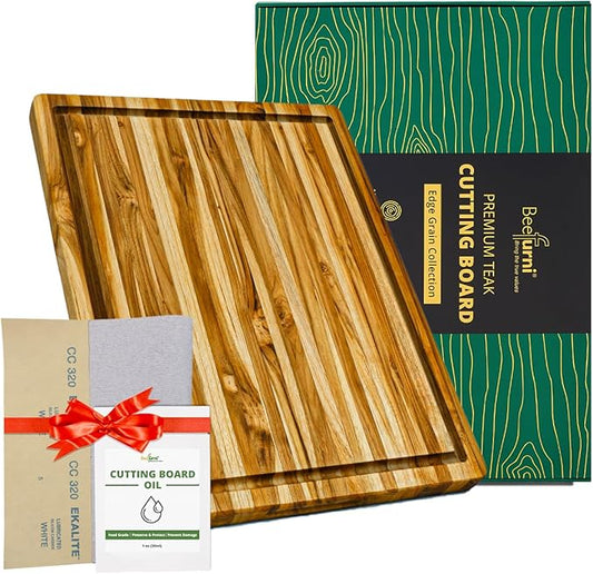 BEEFURNI Teak Wood Cutting Board with Juice Groove Hand Grip (M, 20x15x1.25"), Durable Wooden Cutting Boards for Kitchen, Butcher Block, Serving & Charcuterie Board, Christmas Gifts, 1-year Warranty