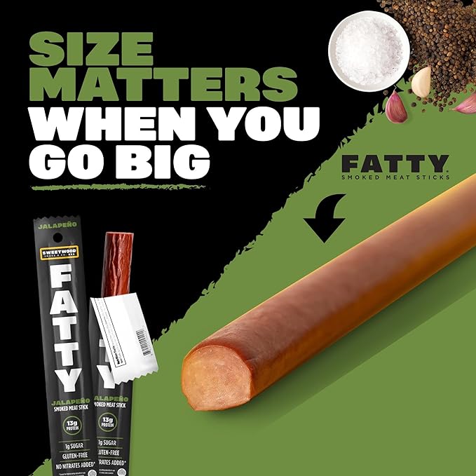 FATTY Meat Sticks, Made with Grass Fed Beef, Pork Raised Without Antibiotics, 13g Protein Per Stick, Jalapeno, 2 oz. (Pack of 5)