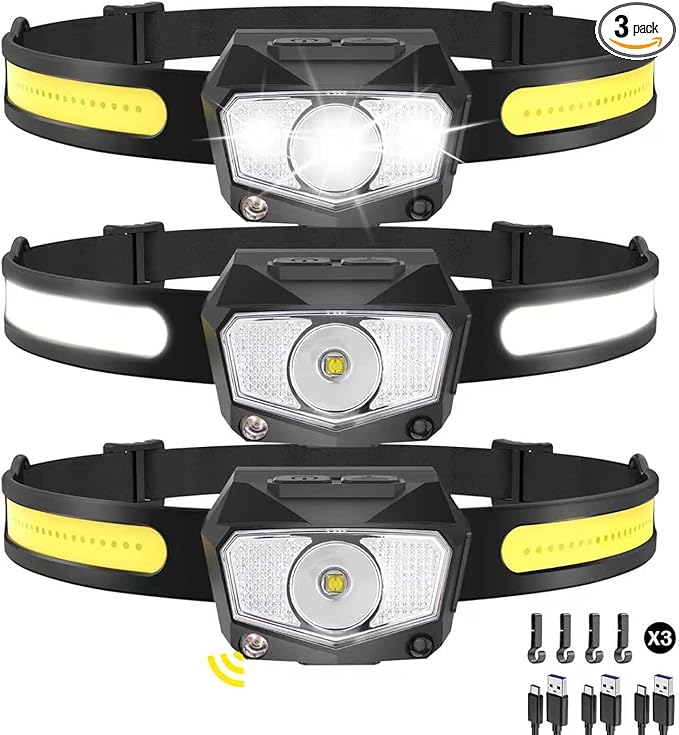 Headlamp Rechargeable 3Pack, 230°Wide Beam COB & 60° Super Birght LED Head Lamp with White Red Light, 7Mode Head Lights for Forehead with Motion Sensor, Headlamps for Adults Camping Running Hiking