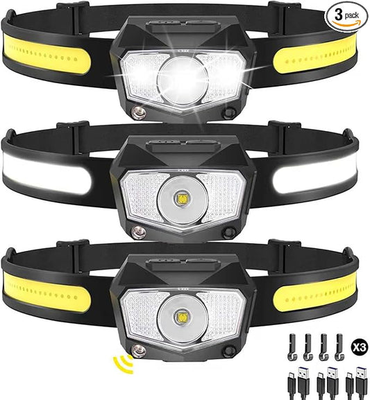 Headlamp Rechargeable 3Pack, 230°Wide Beam COB & 60° Super Birght LED Head Lamp with White Red Light, 7Mode Head Lights for Forehead with Motion Sensor, Headlamps for Adults Camping Running Hiking