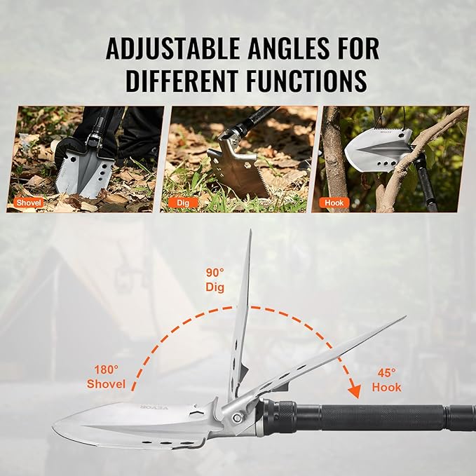 VEVOR Survival Shovel, 13 in 1 Camping Shovel Folding Multitool Kit, Portable and Compact, Stainless Steel, Multifunction for Off-Roading, Camping, Hiking, Outdoor, Survivalist and Emergency