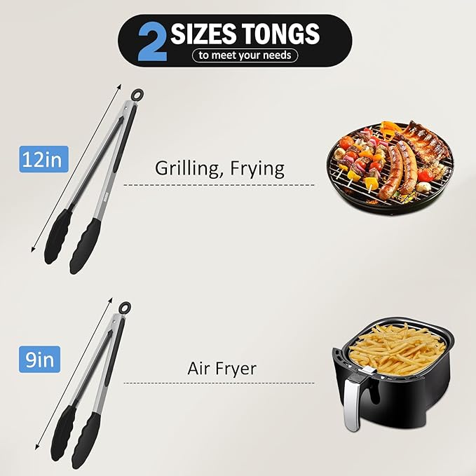 Kitchen Tongs, Stainless Steel Silicone Tongs for Cooking 600ºF High Heat-Resistant BBQ Grilling Locking Tongs, Set of 2-9" and 12" Black