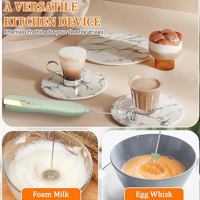 TonJin Frother Wand Rechargeable USB-C Milk Frother Handheld Mixer Electric with 2 Whisk Heads, 3 Speeds Adjustable Coffee Drink Mixer with Stand for Lattes, Matcha, Hot Chocolate, Egg, Matcha(Green)