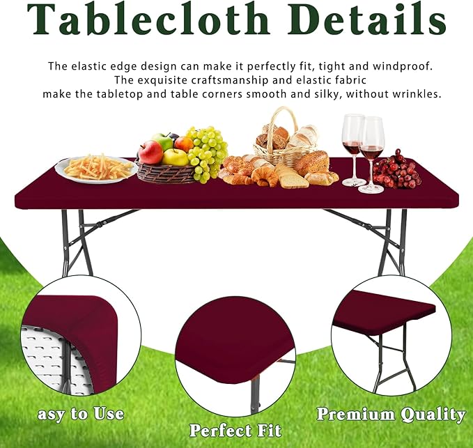 6 Pack 6 Foot Picnic Table Cover Fitted Elastic Tablecloth for Rectangle Tables Waterproof Stretch Washable Folding Indoor Outdoor Spandex Table Cloth for Parties Banquet Camping (Wine Red,30" x 72")